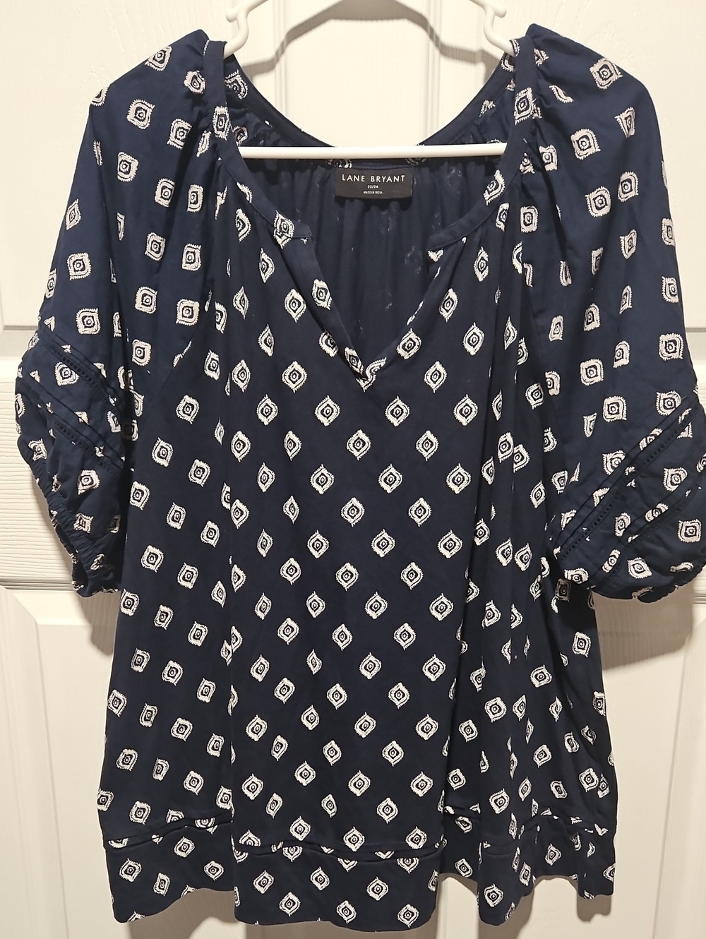 Lane Bryant Navy Geo Print Peasant Top